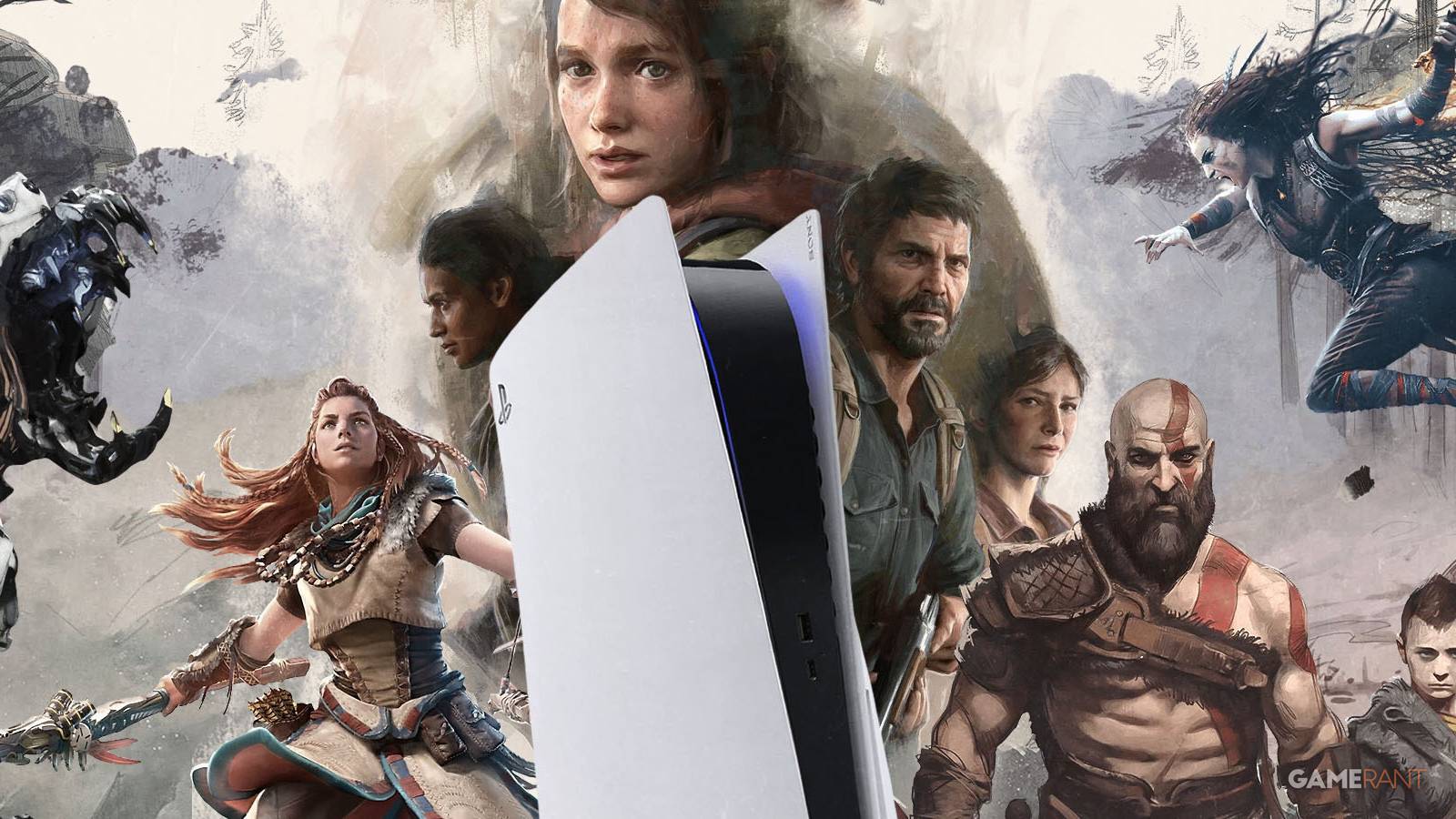 A PlayStation 5 surrounded by some of Sony’s best first-party video game characters