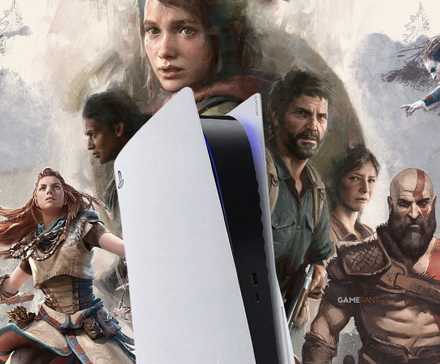 A PlayStation 5 surrounded by some of Sony’s best first-party video game characters