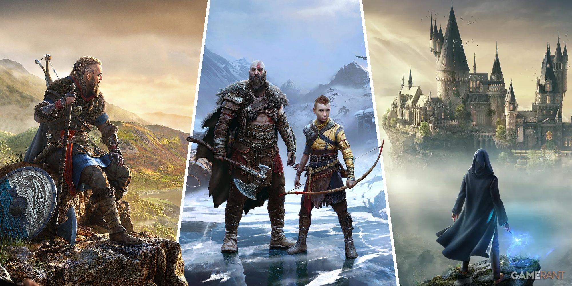 Assassin's Creed Valhalla, God of War Ragnarok, and Hogwarts Legacy