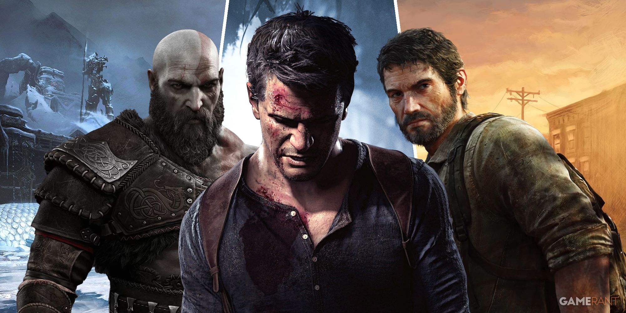 Kratos (God of War), Nathan Drake (Uncharted), and Joel Miller (The Last of Us)