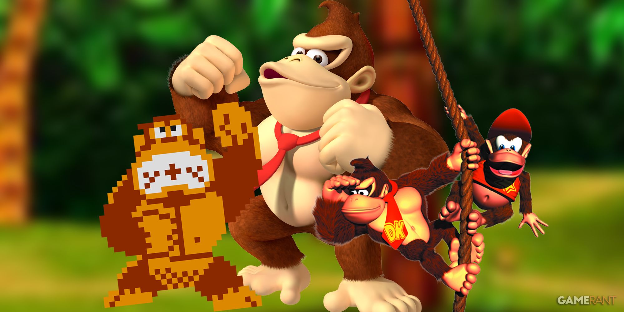 Arcade, modern, and SNES iterations of Donkey Kong and Diddy Kong