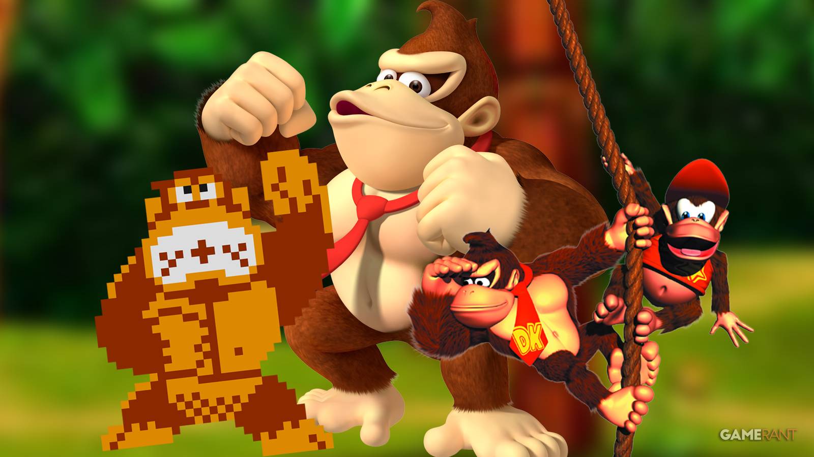 Arcade, modern, and SNES iterations of Donkey Kong and Diddy Kong