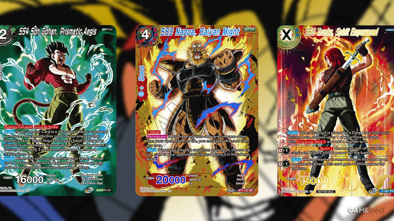 Super Saiyan 4 Gohan, Super Saiyan 3 Nappa, and Super Saiyan God Trunks