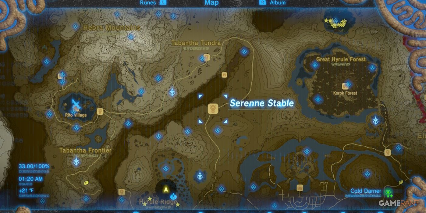 A map showing the location of Serenne Stable in The Legend of Zelda: Breath of the Wild.