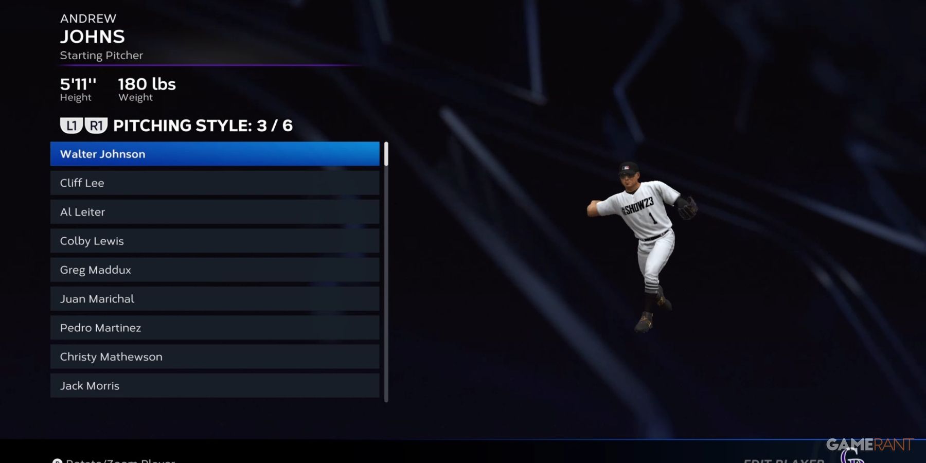 MLB The Show 23 Walter Johnson Sidearm Throw