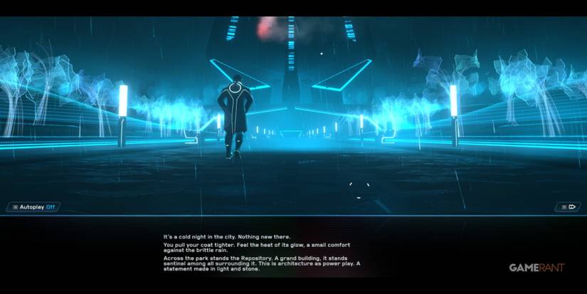 tron identity blue light trees query walking