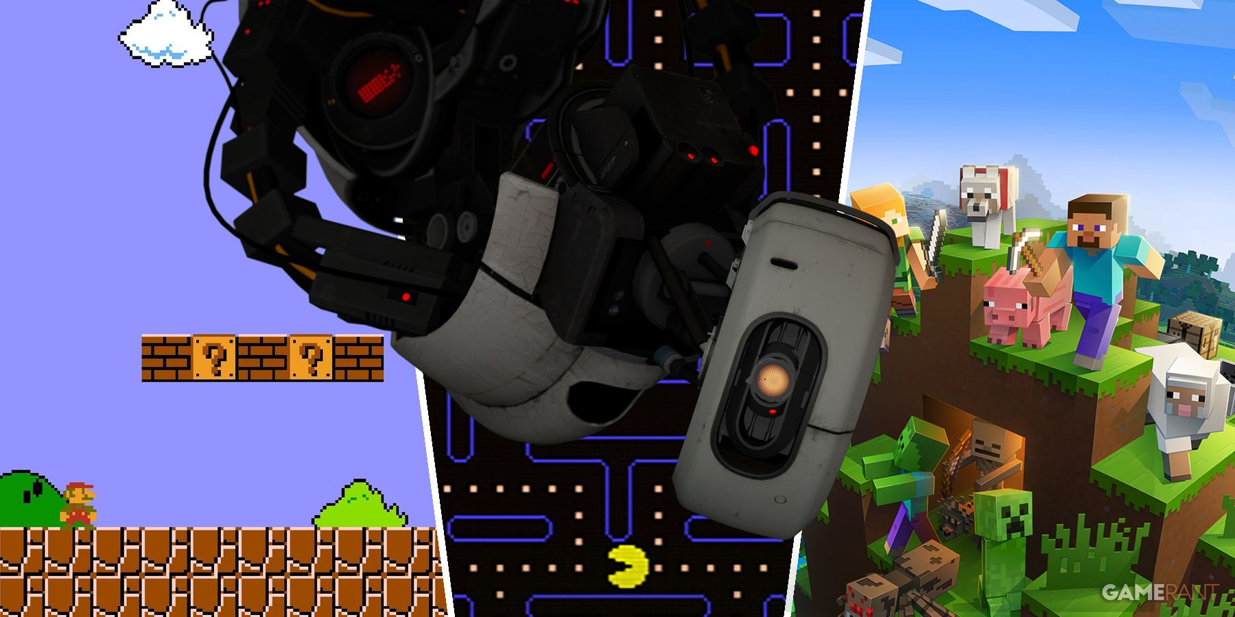 Super Mario Bros. Pac-Man, and Minecraftm with GLaDOS from Portal overtop