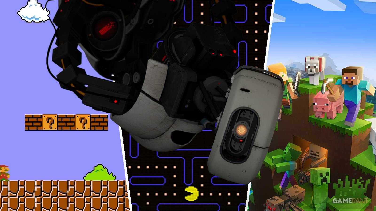 Super Mario Bros. Pac-Man, and Minecraftm with GLaDOS from Portal overtop