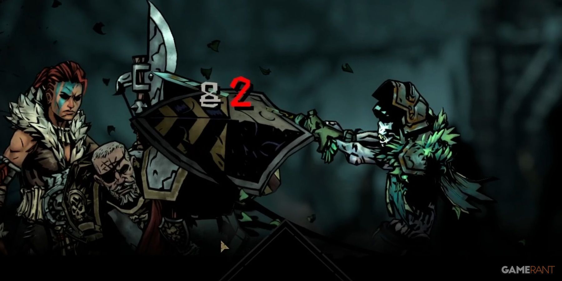 Darkest Dungeon 2 Man-At-Arms Protecting Hellion