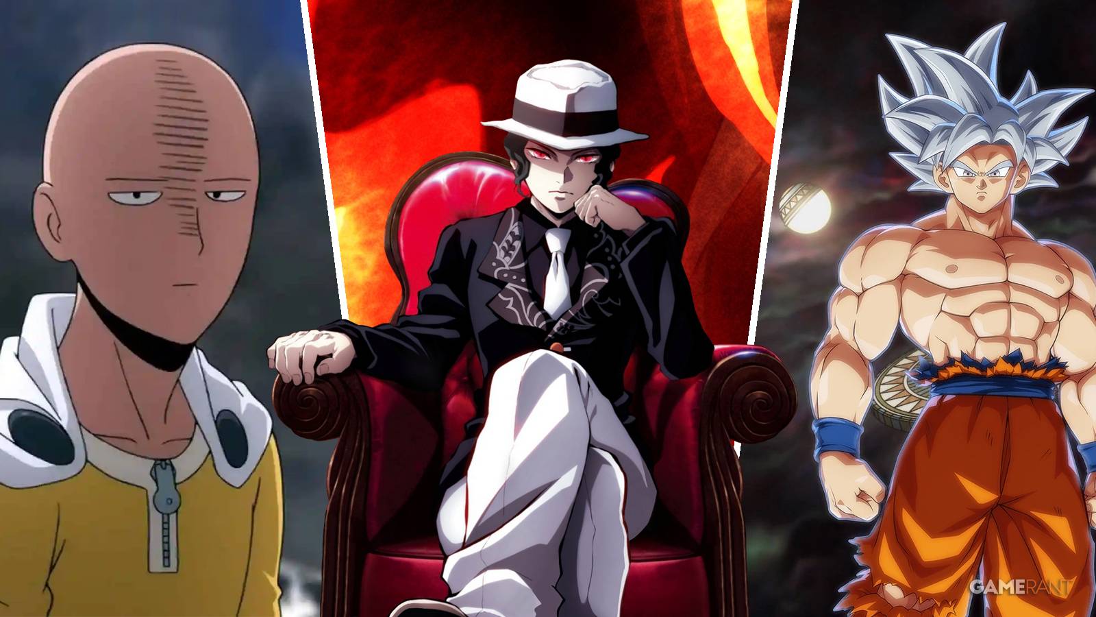 Saitama (One Punch Man), Muzan Kibutsuji (Demon Slayer), and Goku (Dragon Ball)