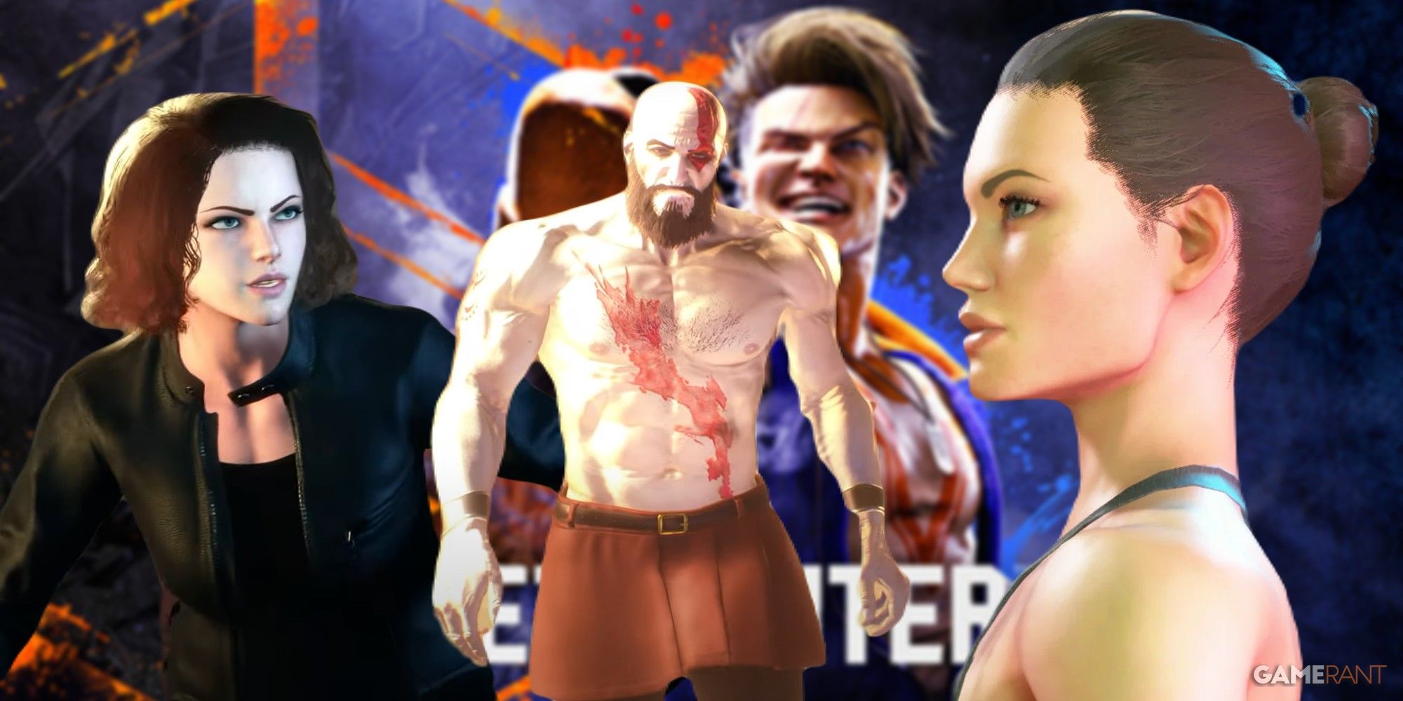 black widow, kratos, and angelina jolie in street fighter 6