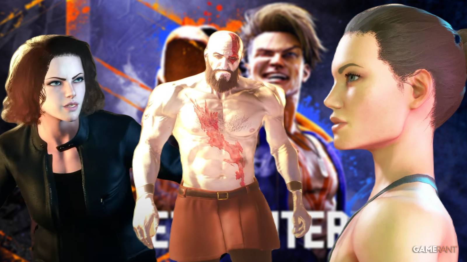 black widow, kratos, and angelina jolie in street fighter 6