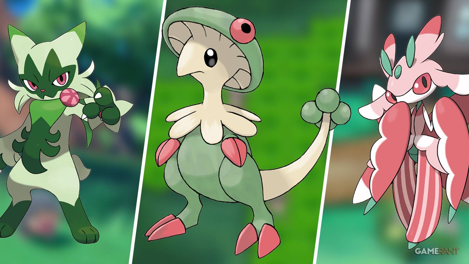 Floragato, Breloom, and Lurantis official artwork