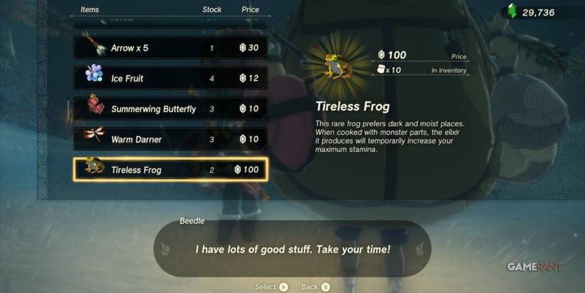 loz totk tireless frog beedle snowfield stable