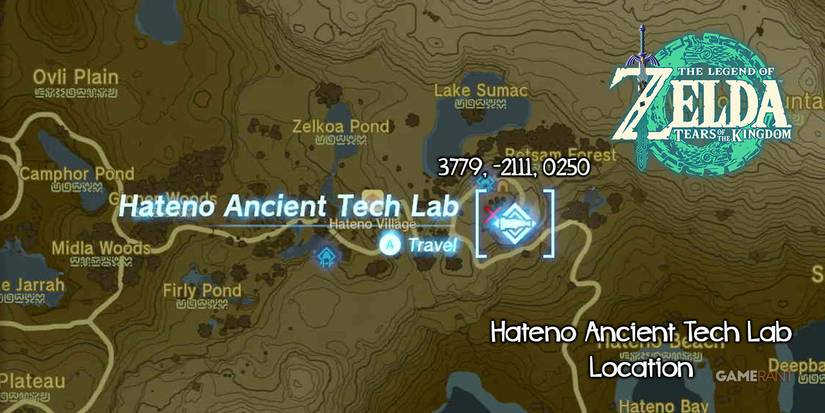 Map location for Hateno Ancient Tech Lab in Zelda: Tears of the Kingdom.