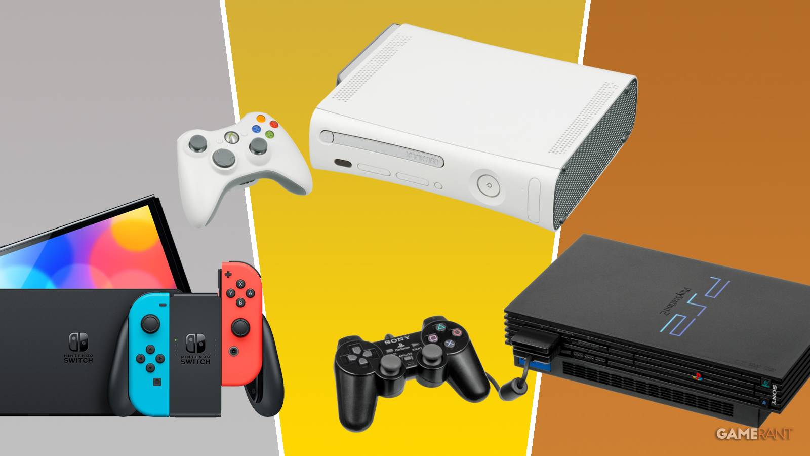 A Nintendo Switch, an Xbox 360, and a PS2