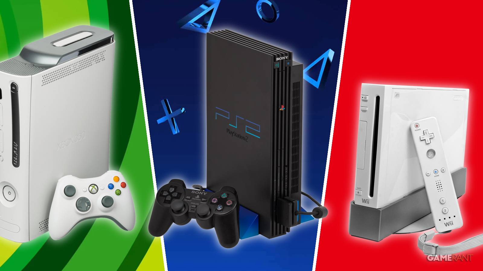 An Xbox 360, a PlayStation 2, and a Nintendo Wii