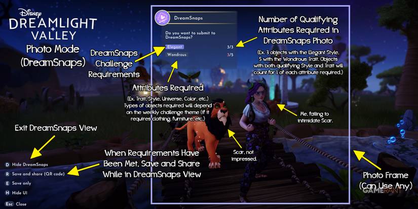 Disney Dreamlight Valley guide to the DreamSnaps feature.