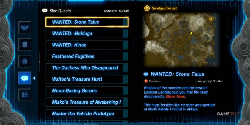 loz totk wanted: stone talus side quest adventure log