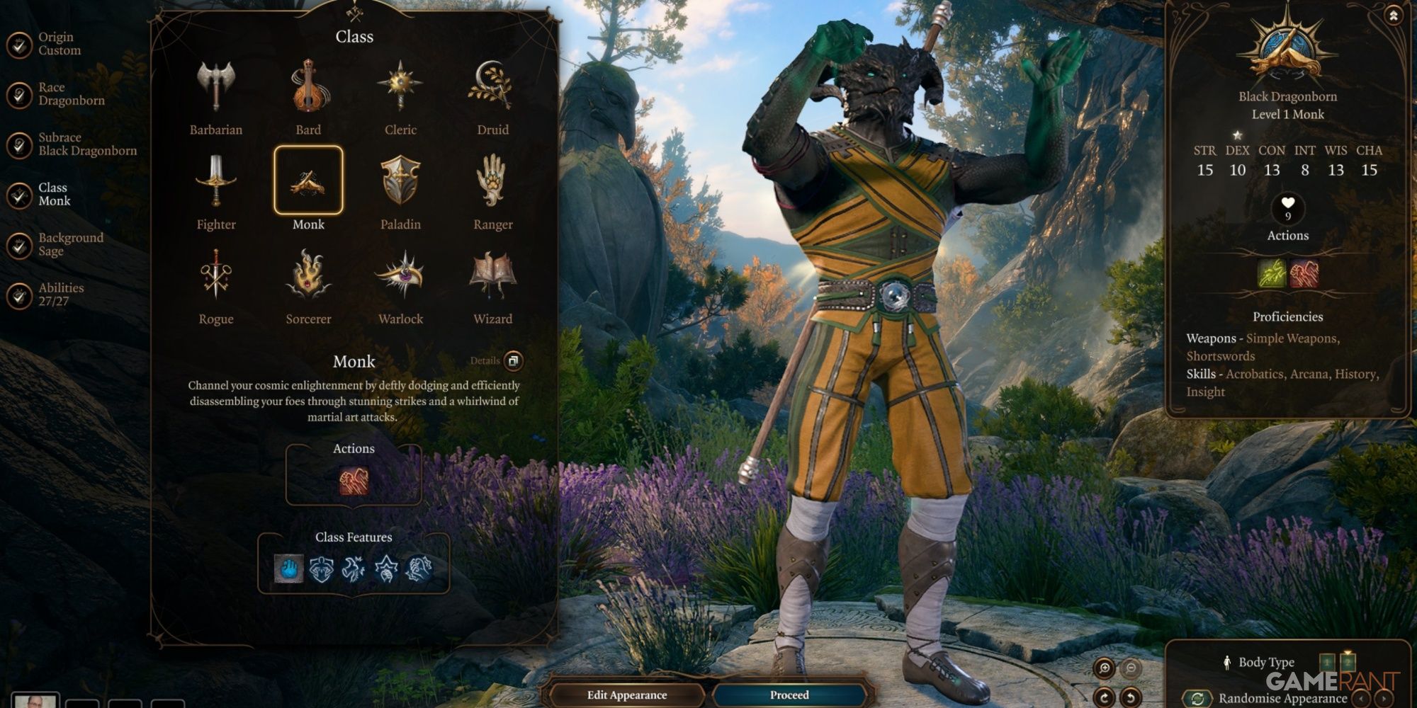 Baldur's Gate 3 Dragonborn como um monge na criação de personagens