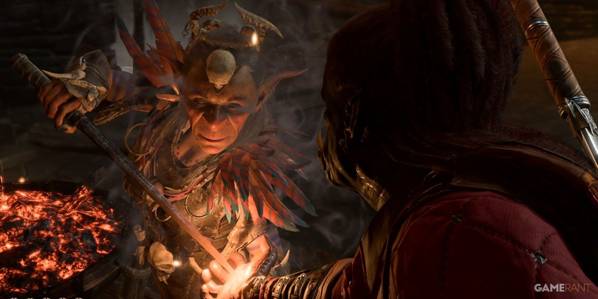 A goblin sticks a staff into the protagonist's hand in Baldur's Gate 3