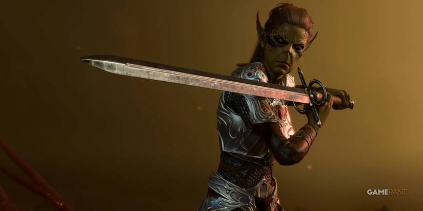 Baldur's Gate 3 Lae'zel Pointing A Sword On The Ship