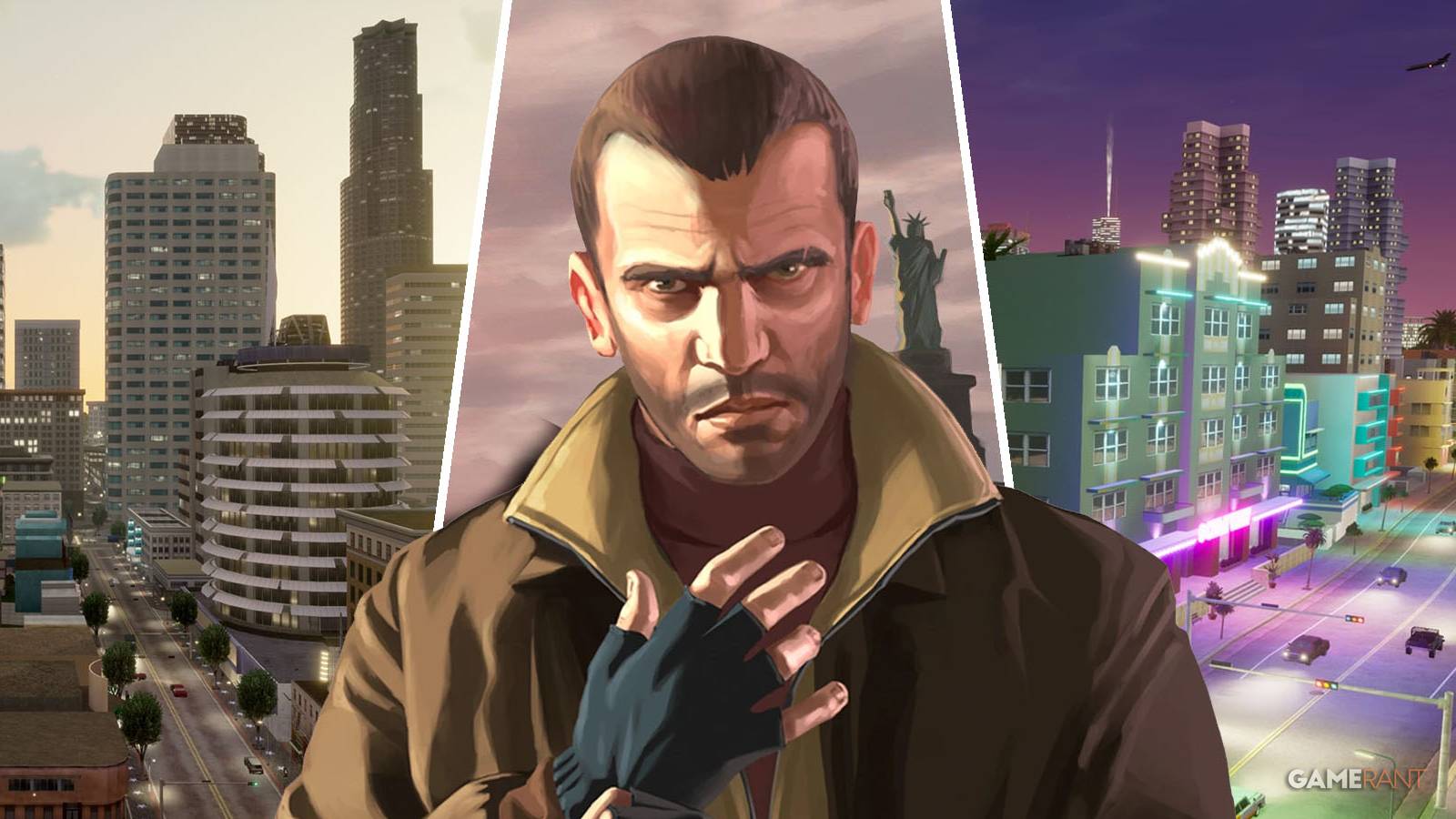 San Andreas (left), Niko Bellic (center), and Vice City (right)