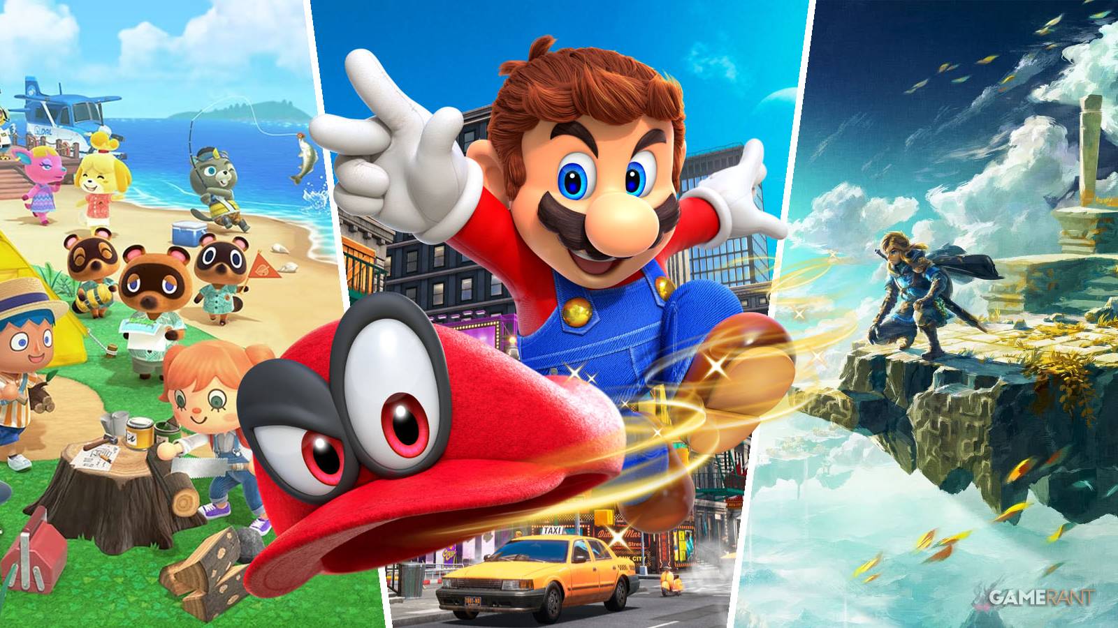 Animal Crossing: New Horizons, Super Mario Odyssey, and The Legend of Zelda: Tears of the Kingdom