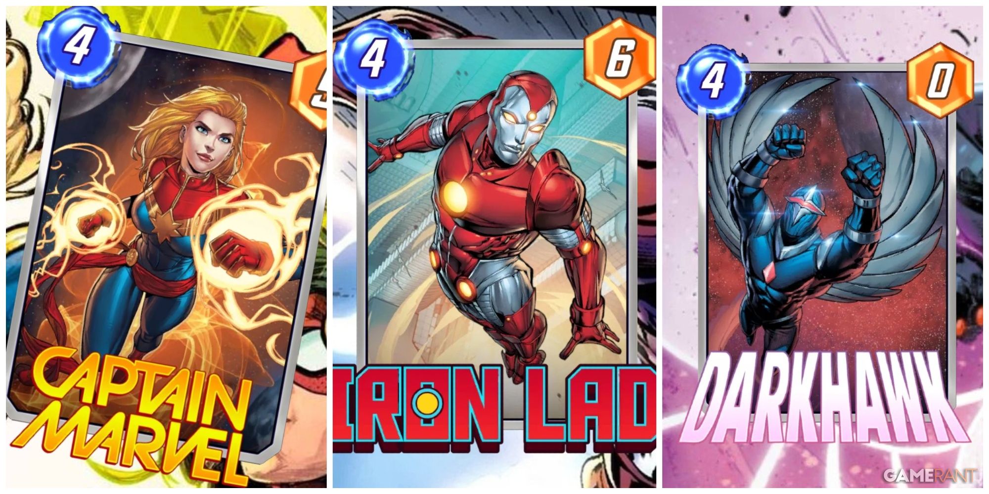 captain marvel, iron lad, and darkhawk cards