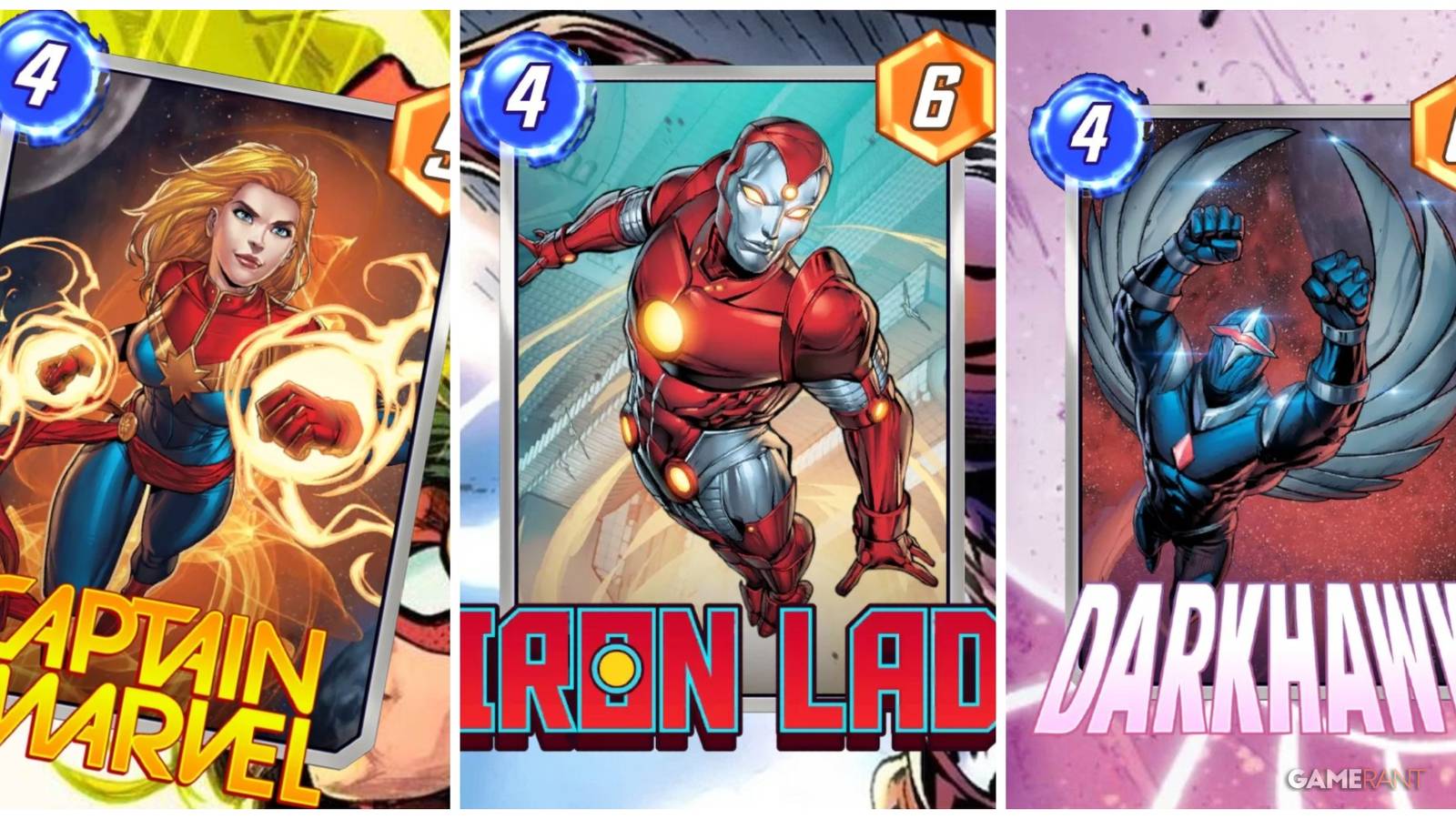 captain marvel, iron lad, and darkhawk cards