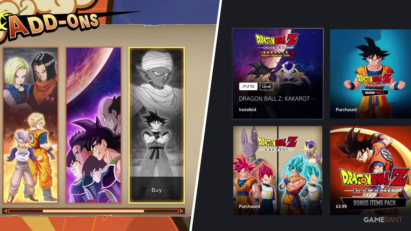 The Add-Ons menu and in-game storefront of Dragon Ball Z: Kakarot