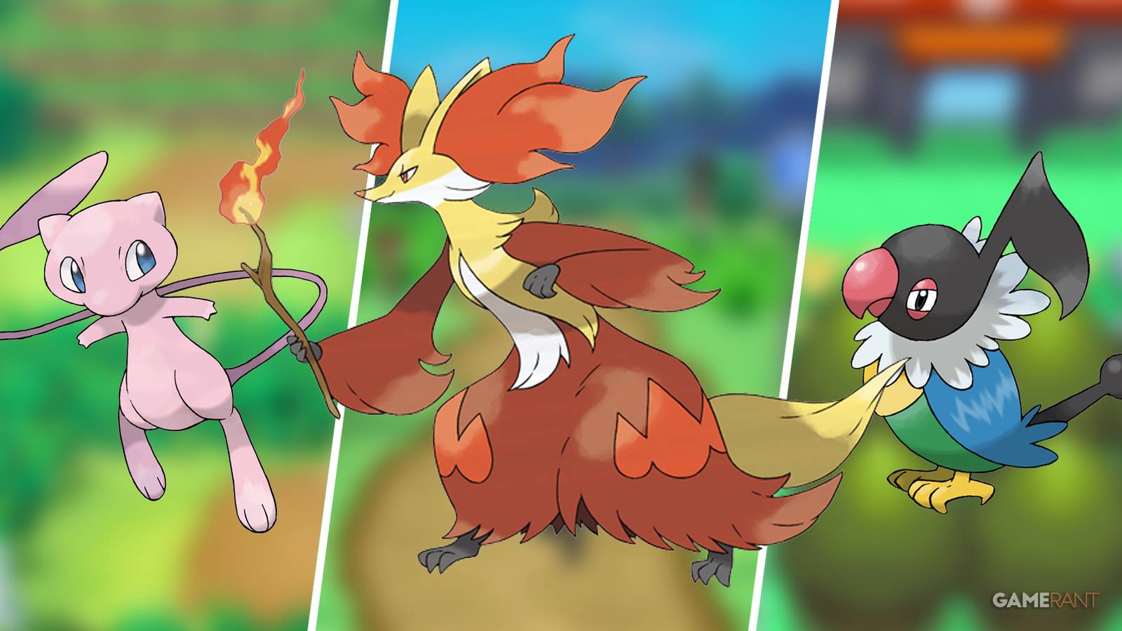 Mew, Delphox, and Chatot