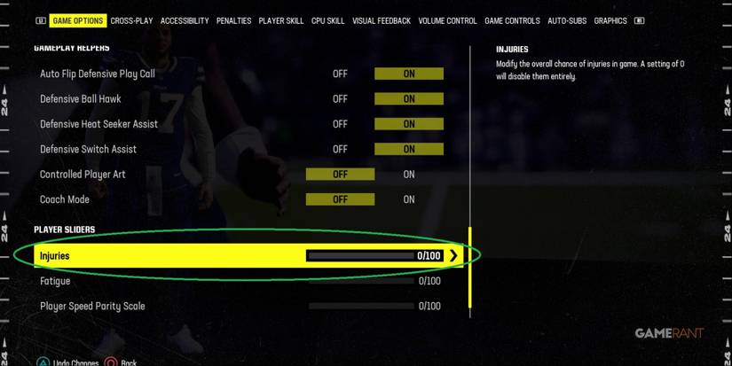 Madden NFL 24 Turning Off Injuries In The Settings
