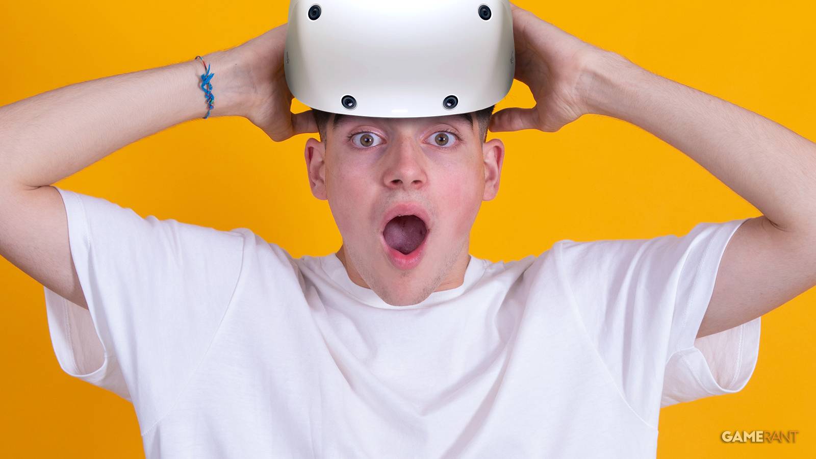 A person with a shocked expression on their face after removing their VR headset