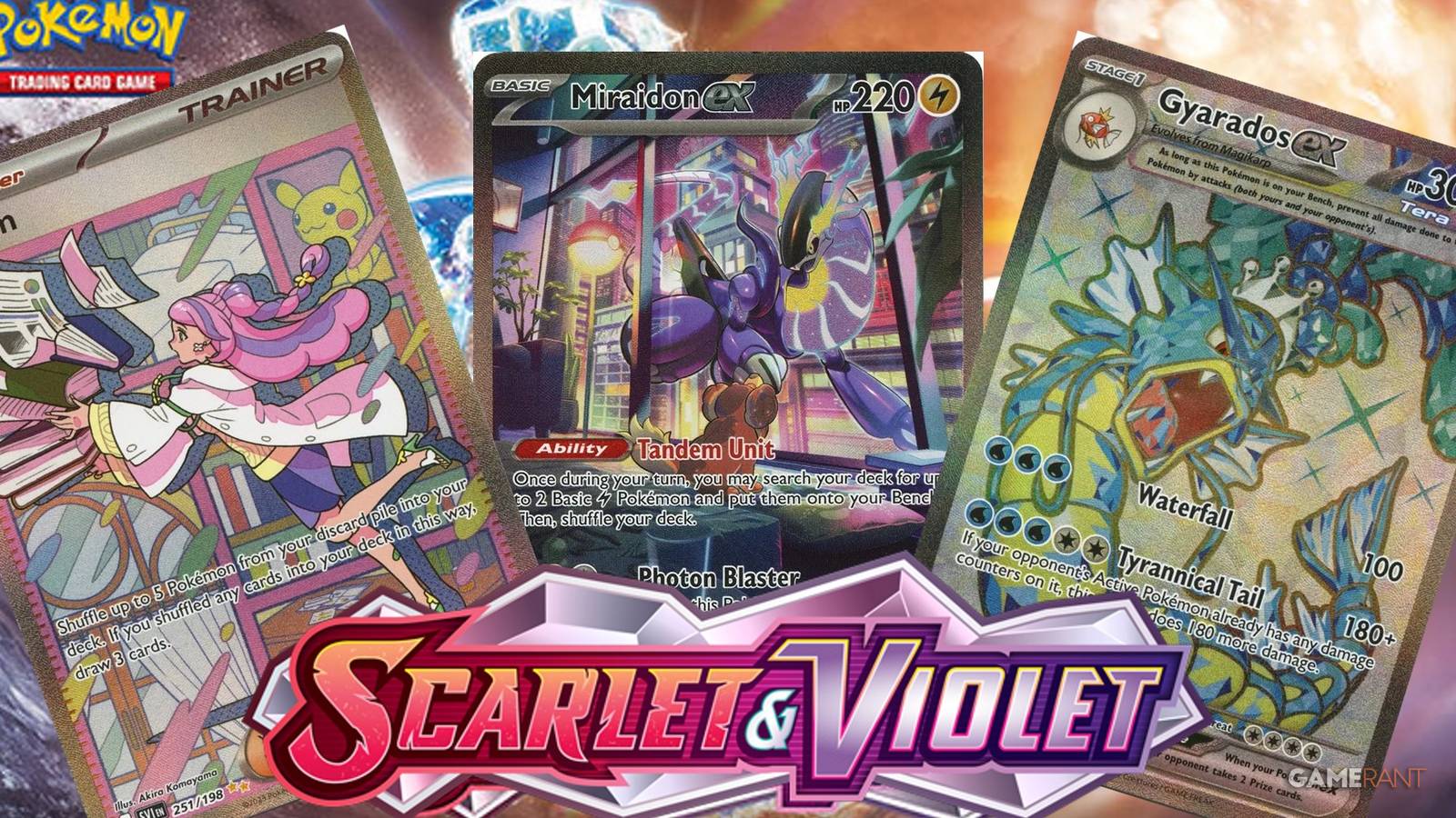 miriam, miraidon ex, and gyarados ex cards