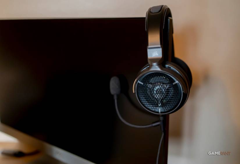 Corsair Virtuoso Pro propped on corner of monitor