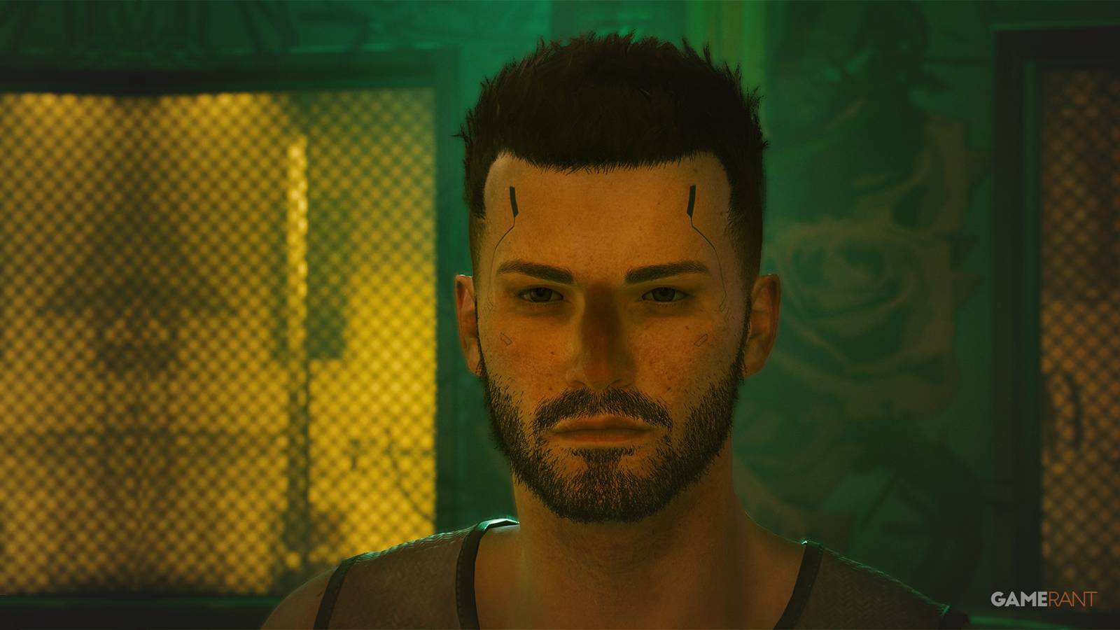 Cyberpunk 2077 male V looking at camera close-up