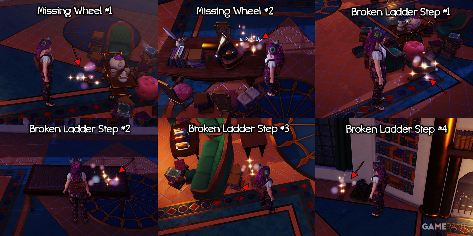 Broken Ladder part locations in Belle's library in Disney Dreamlight Valley.