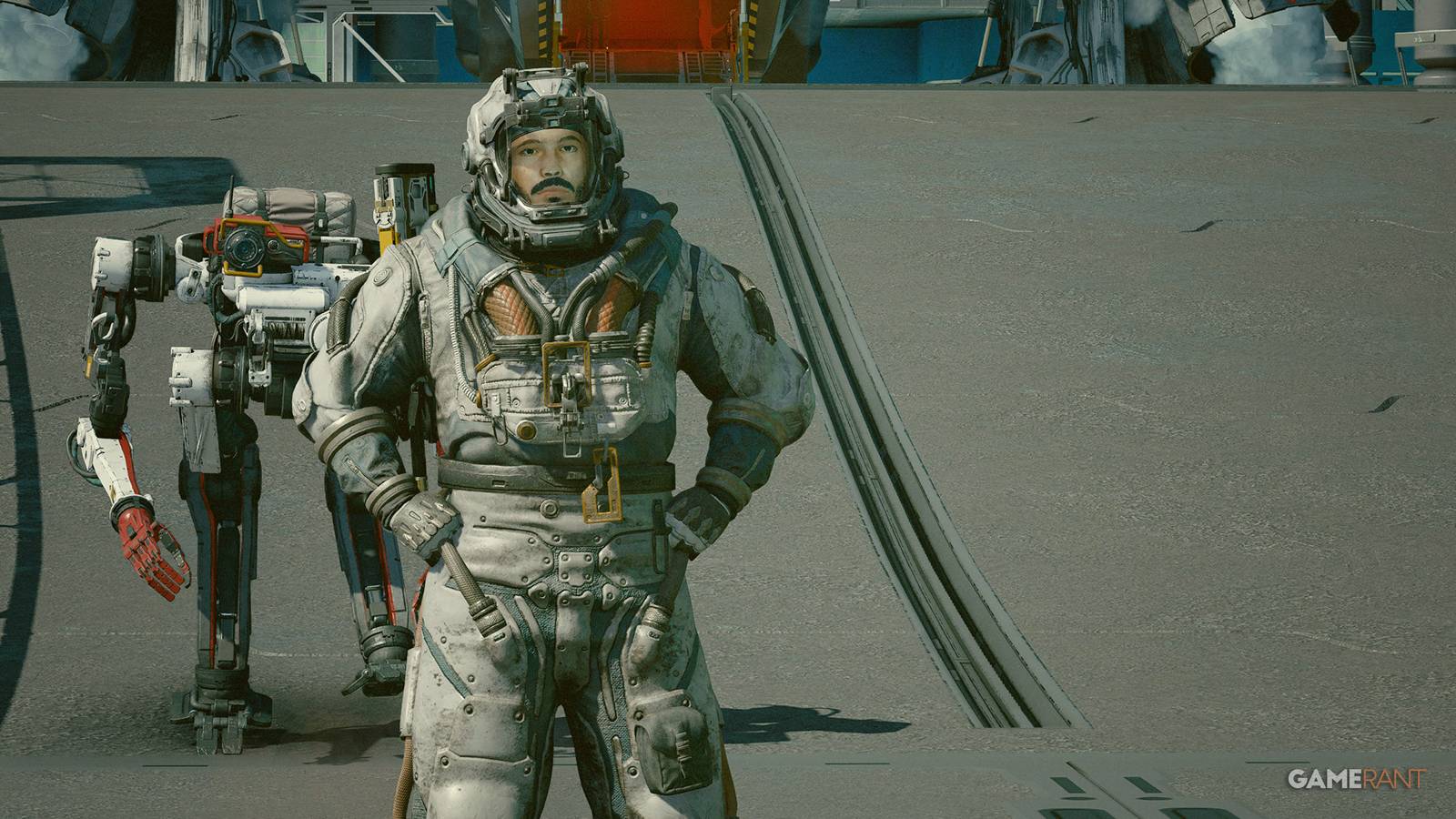 Starfield protagonist with hands on hips in front of Vasco