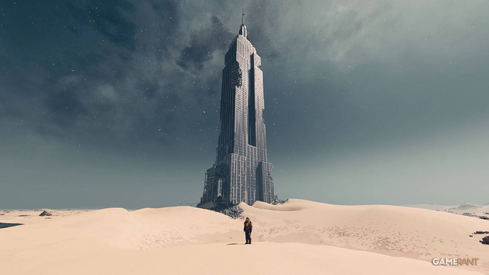 The playable character standing in front of the Empire State Building in Starfield