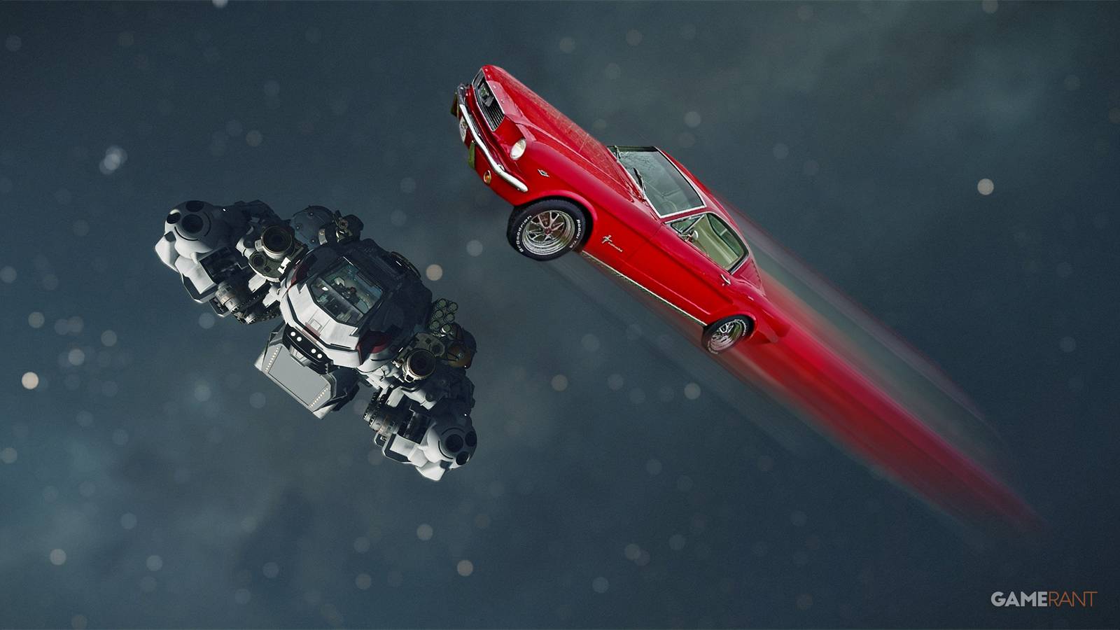 Starfield Frontier flying next to red 1966 Ford Mustang Fastback V8