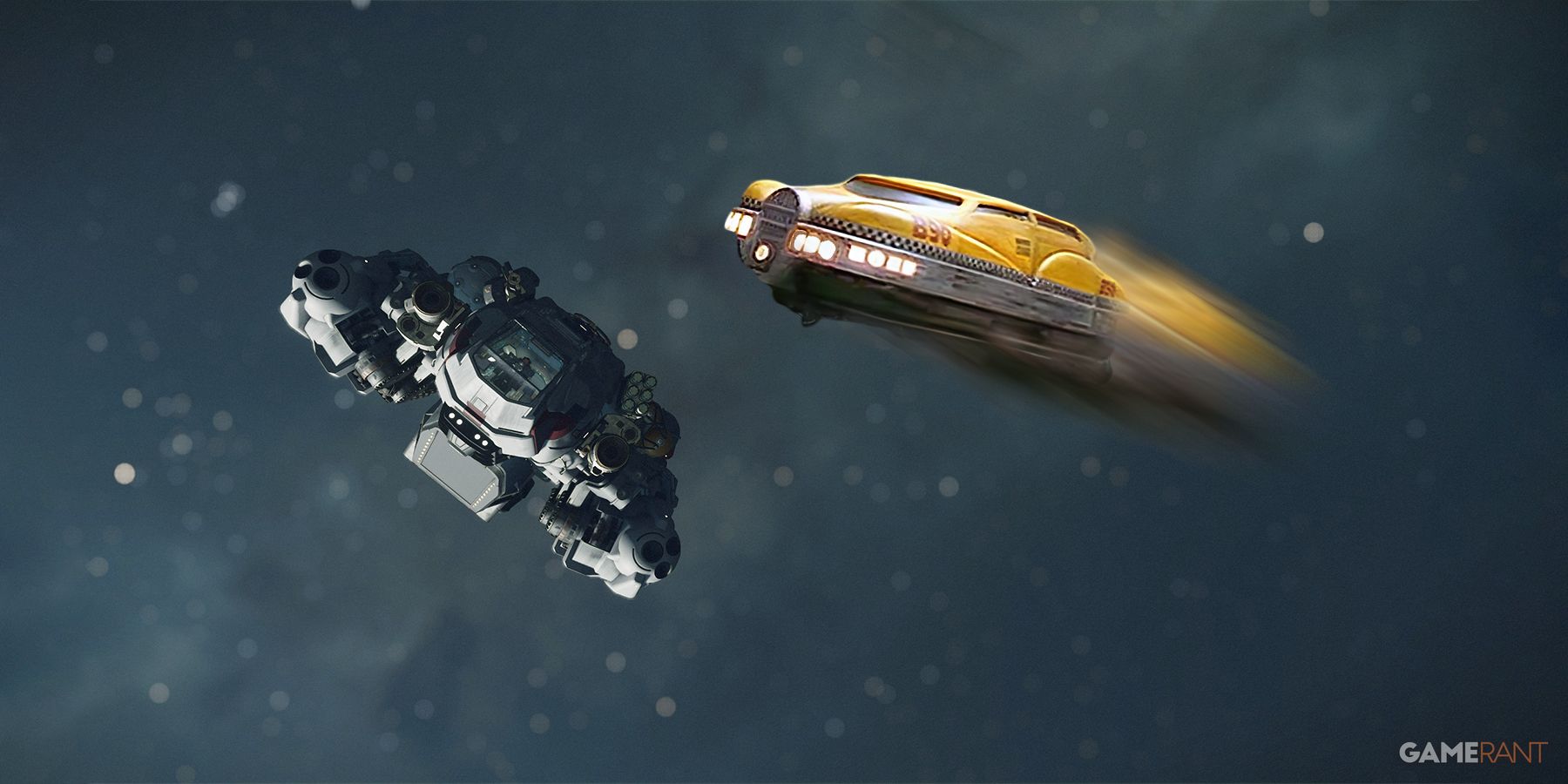 Starfield Frontier spaceship flying next to The Fifth Element taxi composite