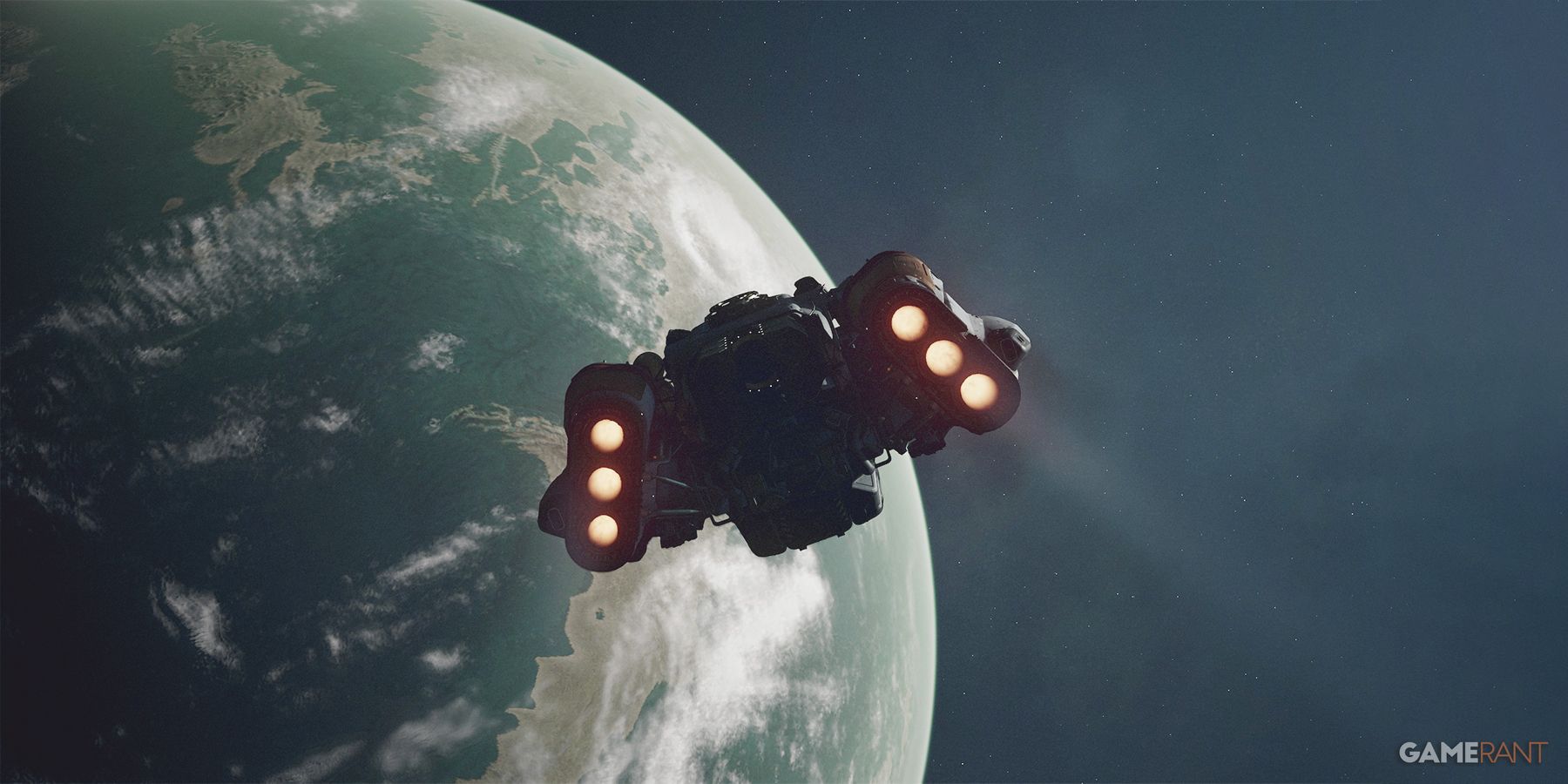 Starfield Frontier spaceship flying toward greenish planet photo mode