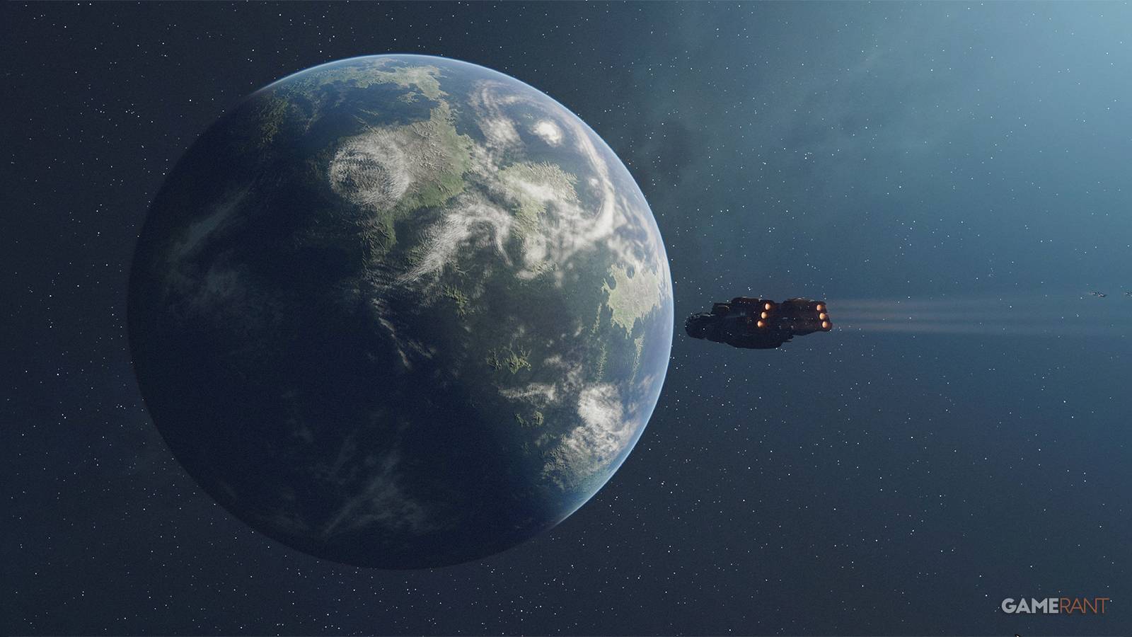 Starfield Frontier spaceship flying toward planet with vegetation