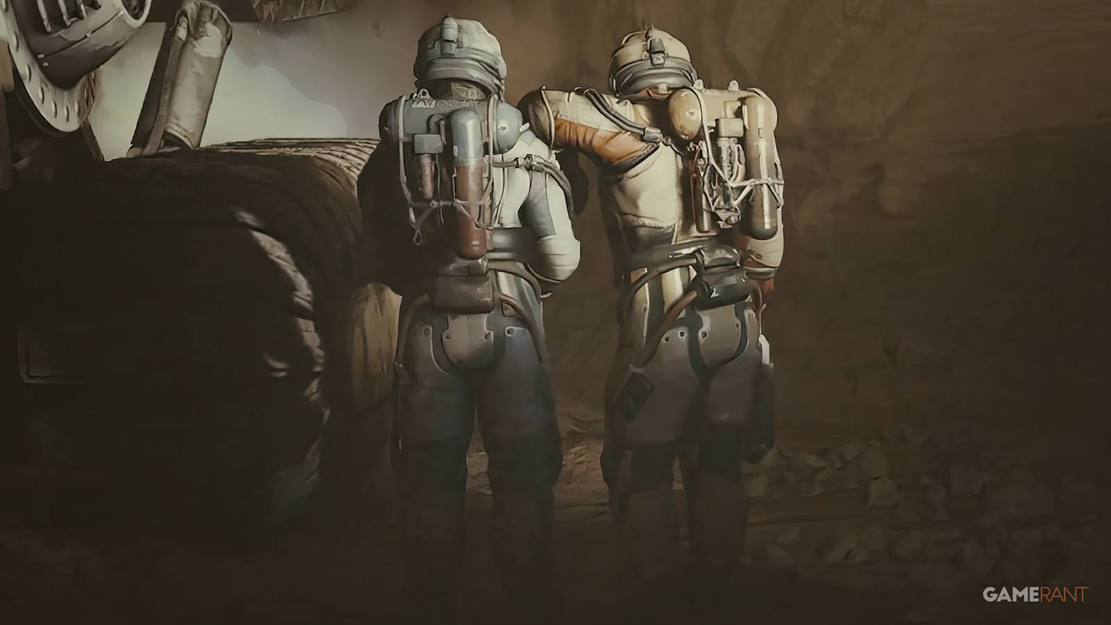 Starfield miner NPC leaning on colleague upscaled screenshot