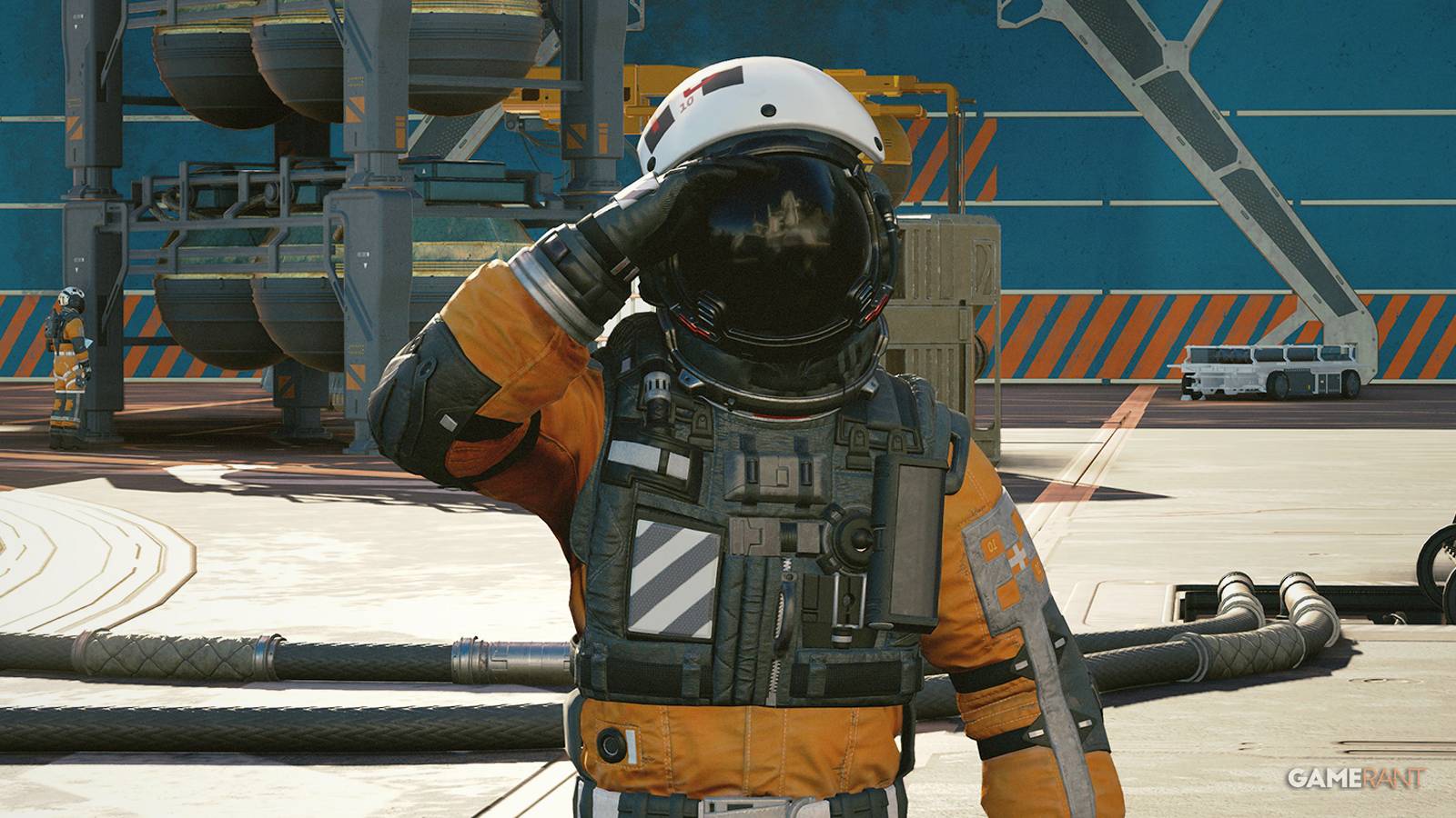 Starfield New Atlantis ship technician covering sun glare with hand