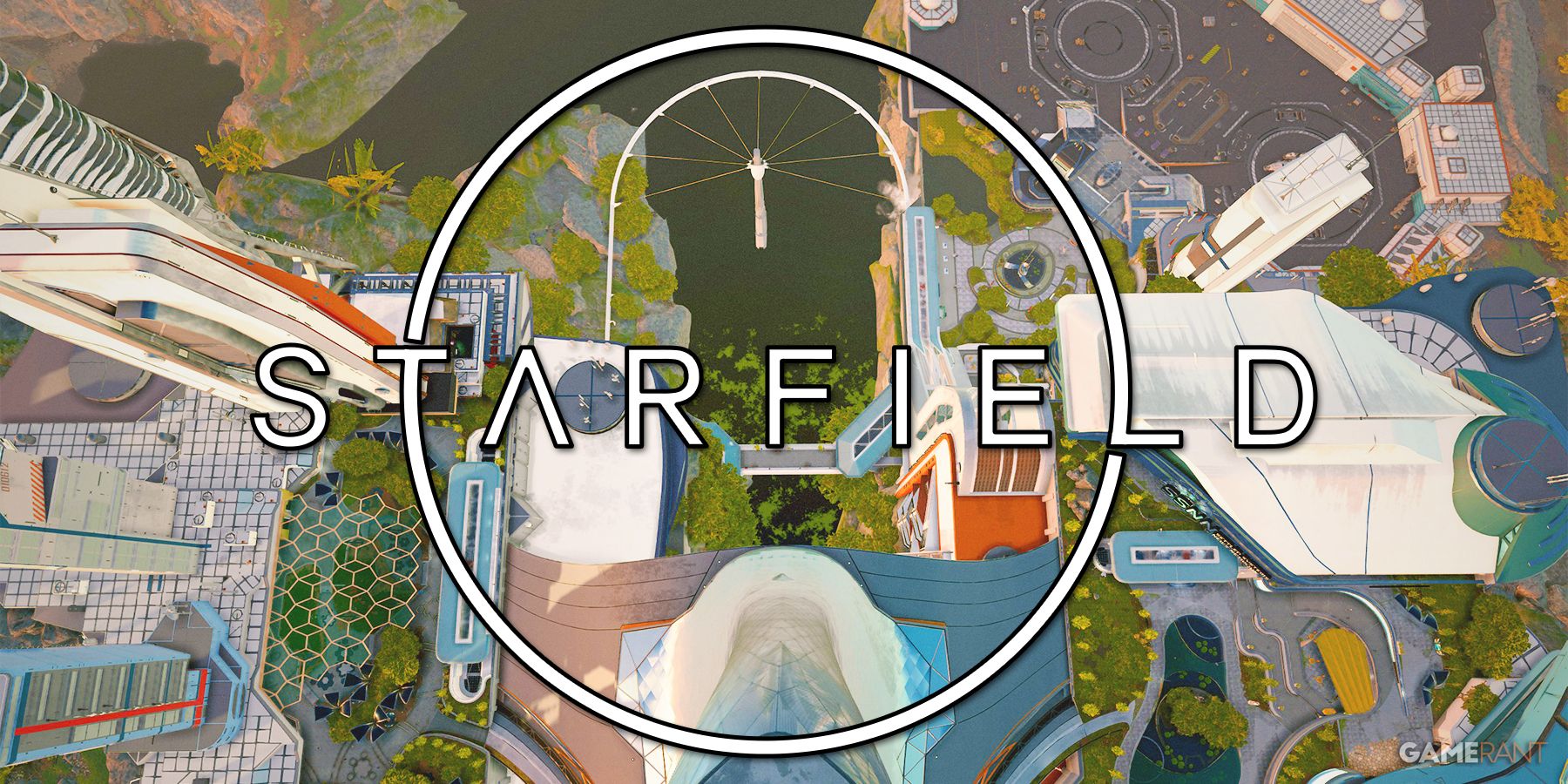 Starfield New Atlantis top-down view with game logo