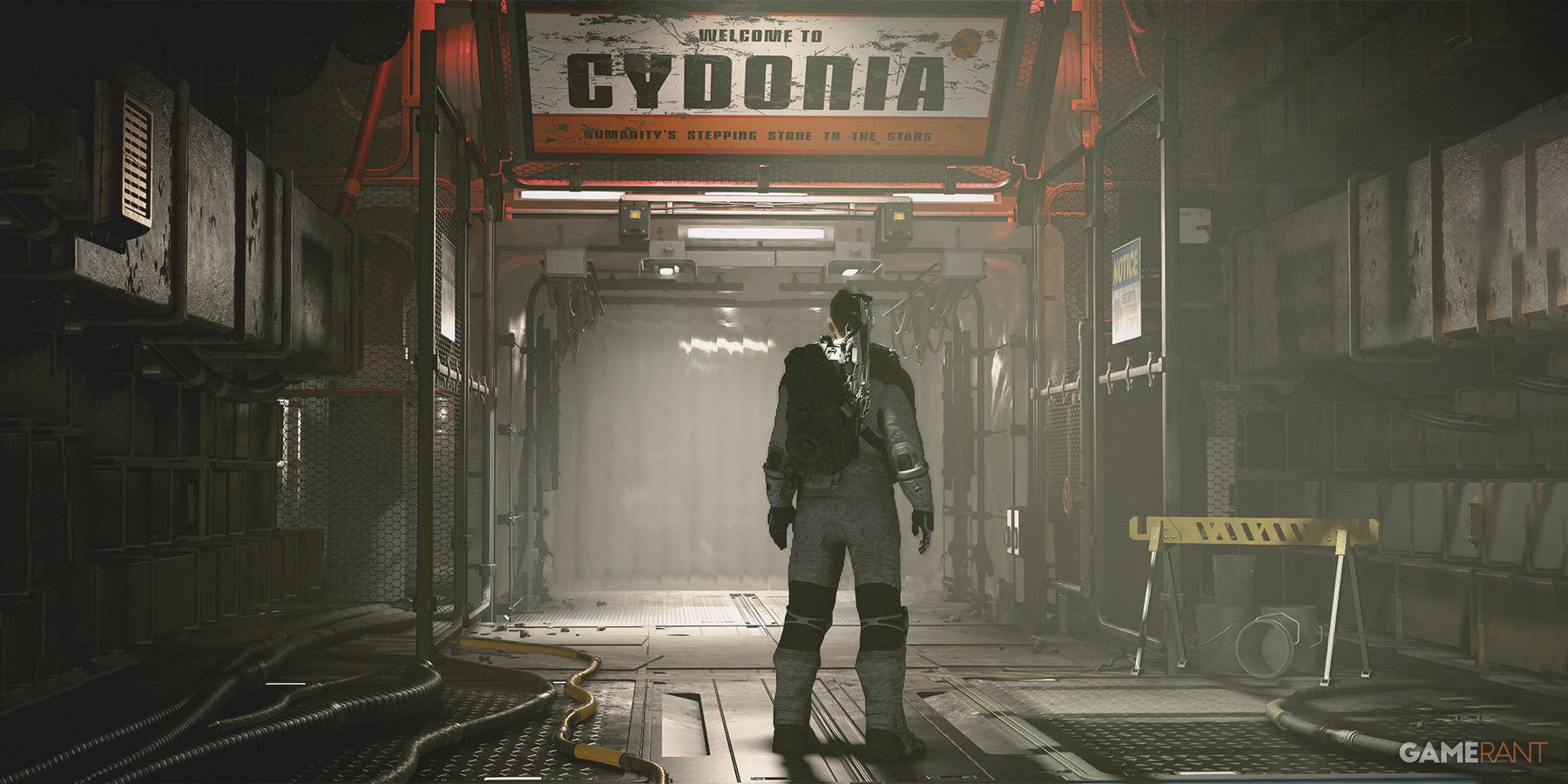 Starfield protagonist below Welcome to Cydonia Mars sign