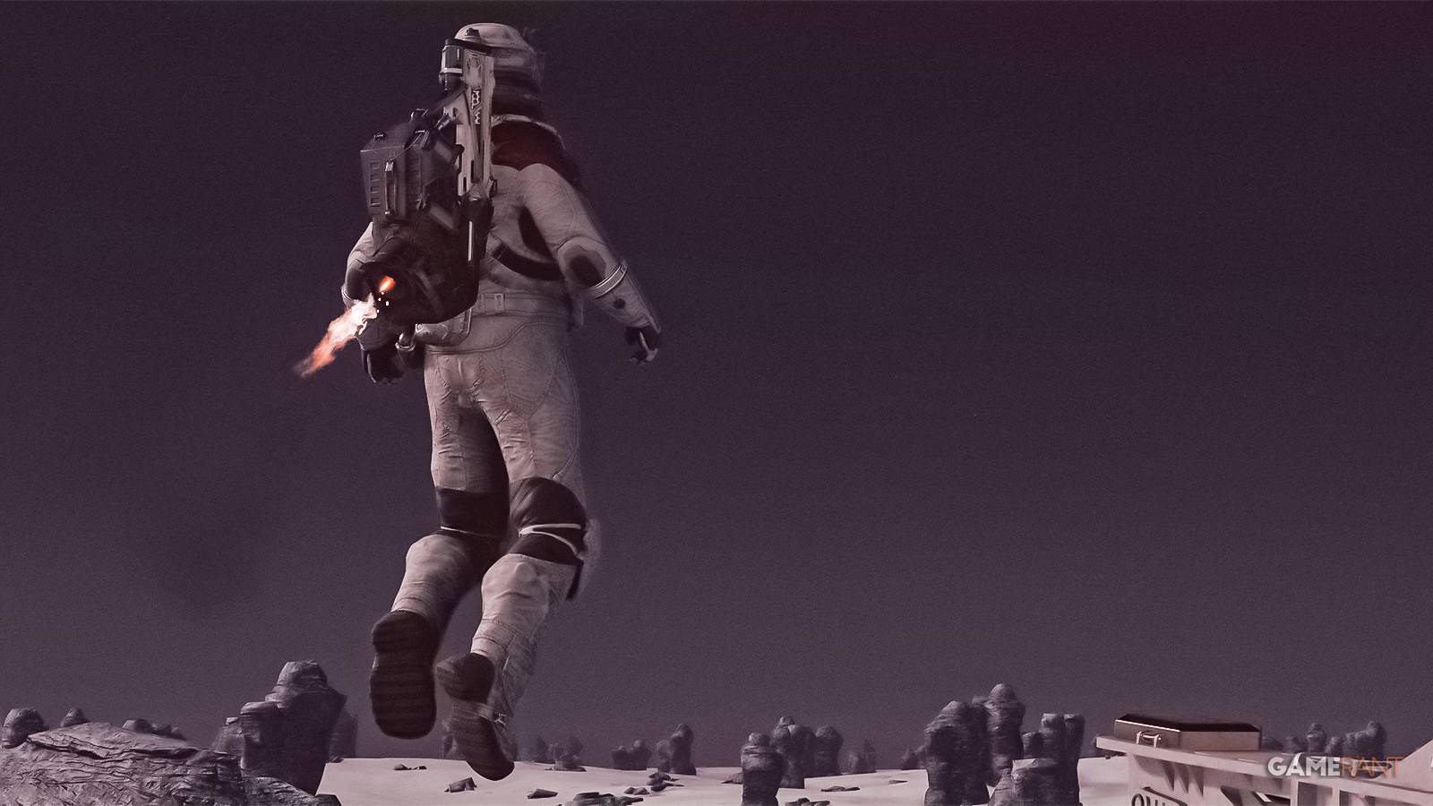 Starfield protagonist flying with jetpack in Constellation space suit