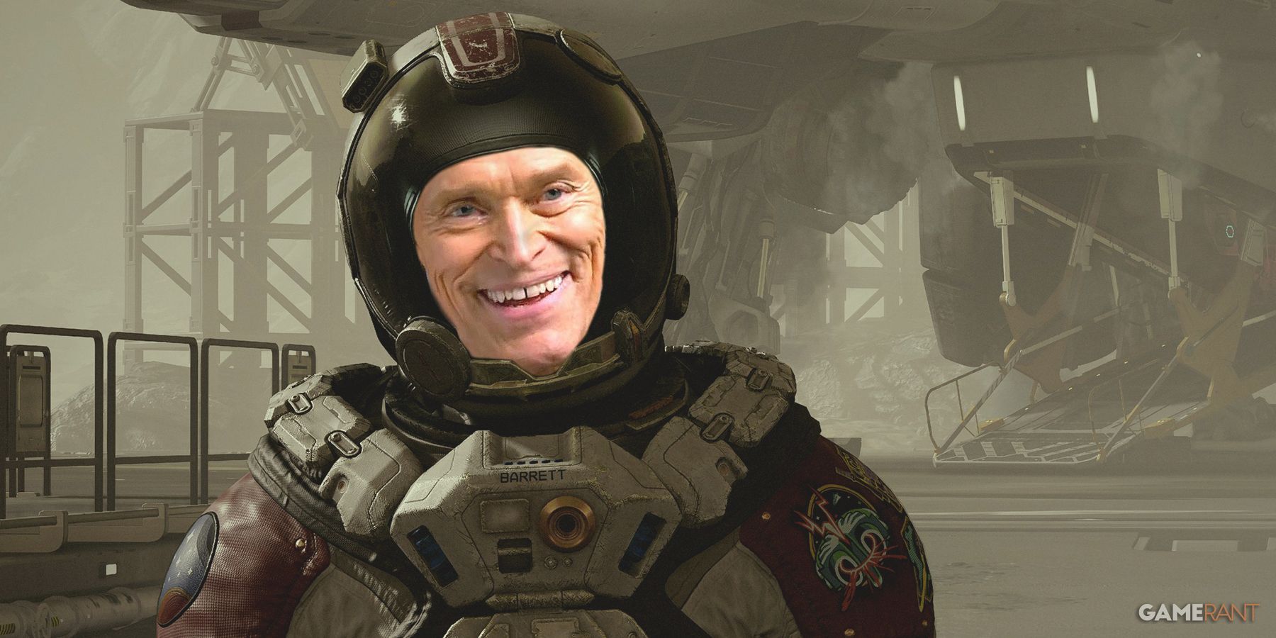 Willem Dafoe as Starfield character in space suit composite